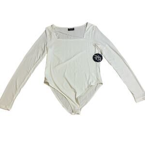 Women Bodysuits Jumpsuit white Square Long Sleeve stretch Bodycon panties button